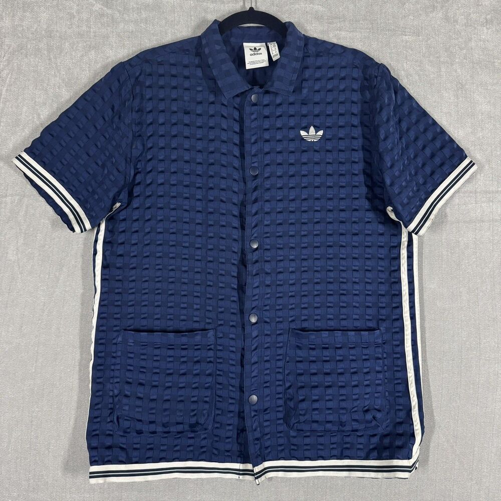 ADIDAS Mens Medium Banyan Navy Tee Snap Front Basketball T-Shirt Short Sleeve